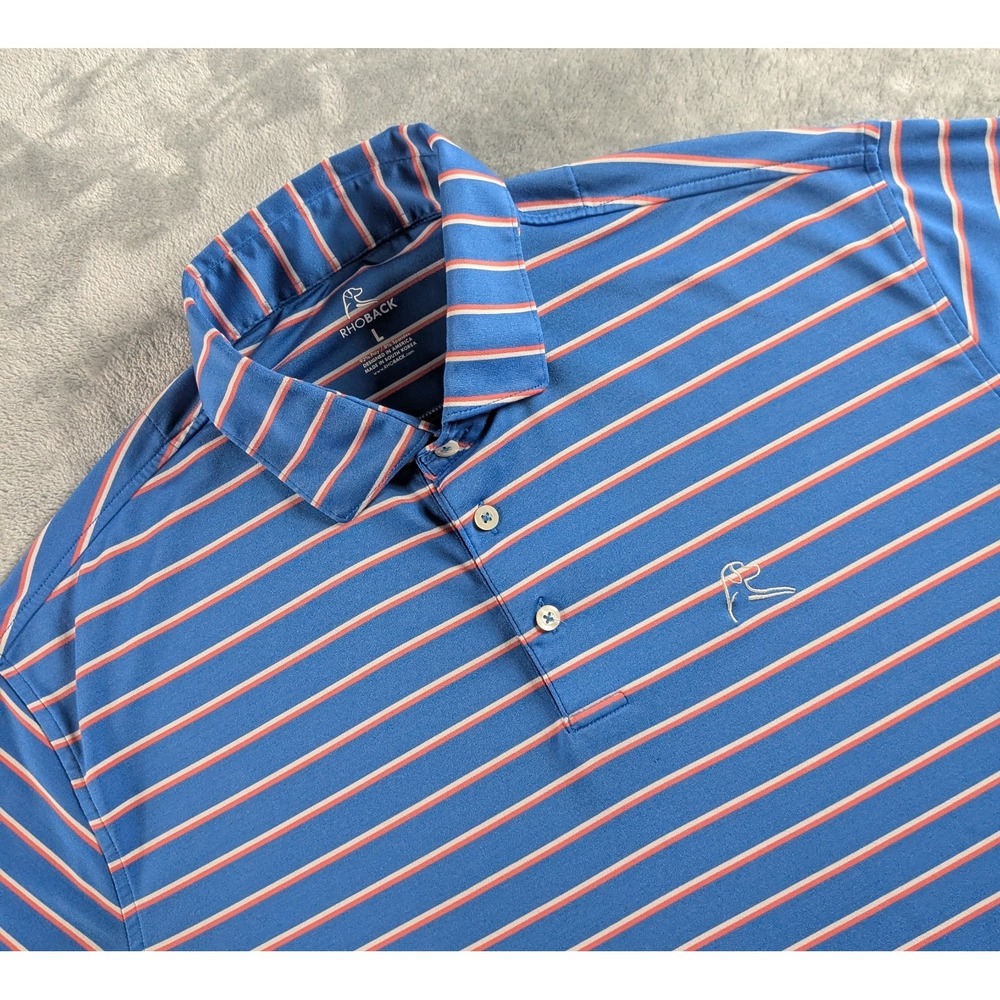 Rhoback Polo Shirt Mens Large Blue Striped Stretch Golf Performance READ